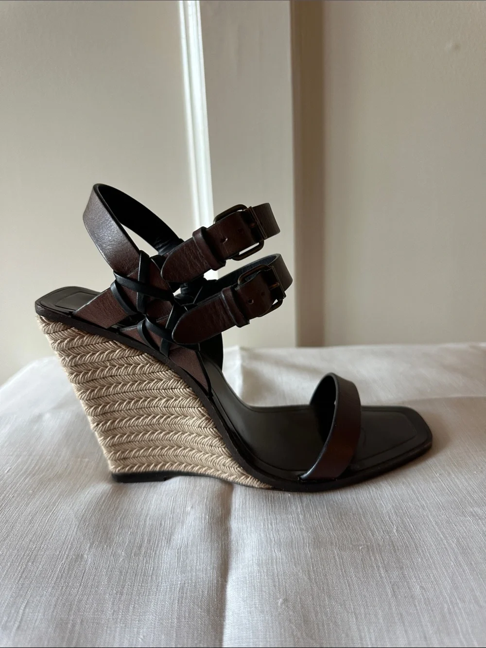 Saint Laurent Brown Leather Wedge Sandals with Espadrille Heel